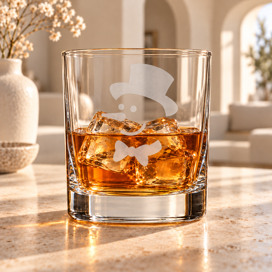 Engraved Snowman Whiskey Glass — Christmas Rocks Glass with Top Hat Snowman, 10.5 oz