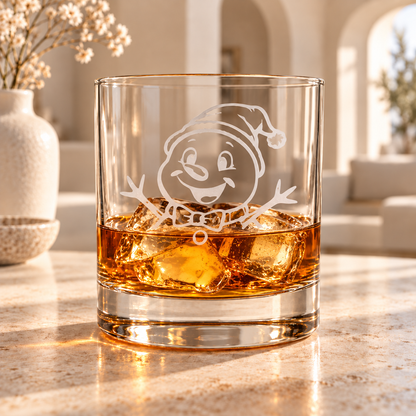 Engraved Snowman Whiskey Glass — Cute Christmas Rocks Glass with Santa Hat Snowman, 10.5 oz