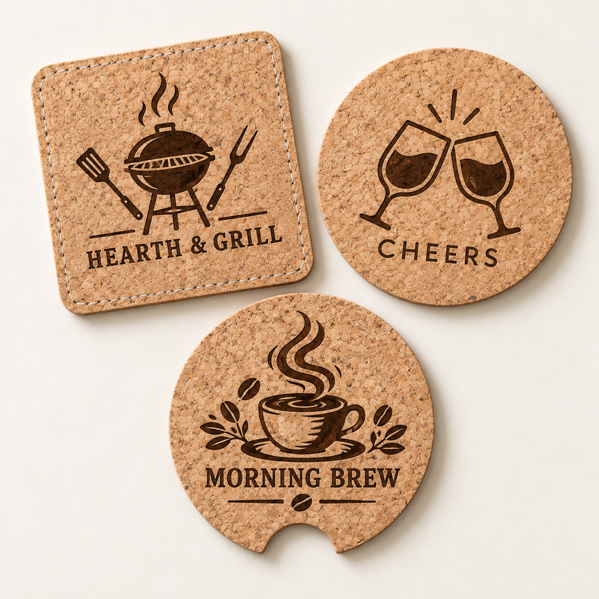 Custom Logo Cork Coaster – Laser Engraved Round, Square, Stitched & Car Coasters, Bulk Promotional Coasters