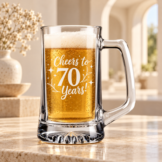 Cheers to 70 Years Beer Mug with Handle – 70th Birthday Beer Glass (14 oz or 25 oz)