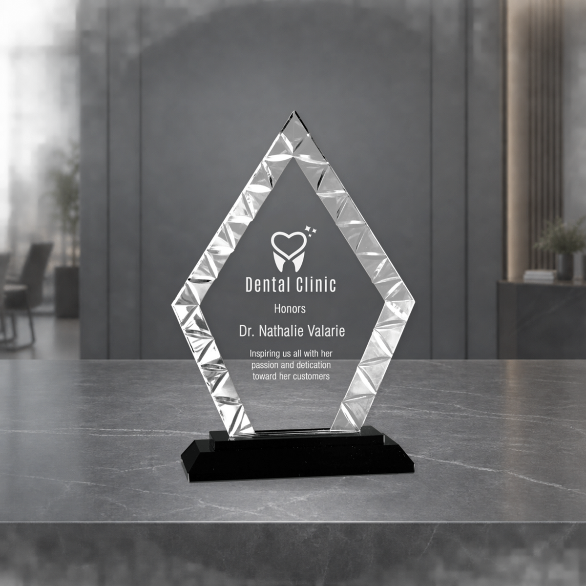 Personalized Diamond Glass Award on Black Base – Custom Engraved Award Plaque