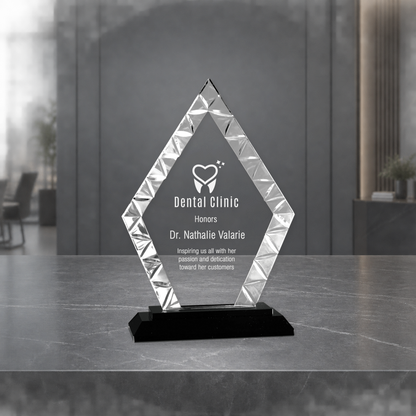 Personalized Diamond Glass Award on Black Base – Custom Engraved Award Plaque