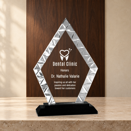 Personalized Diamond Glass Award on Black Base – Custom Engraved Award Plaque