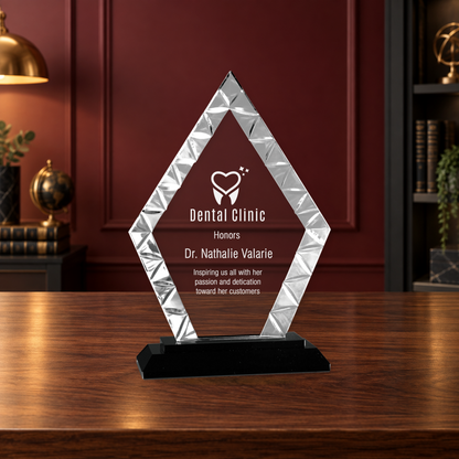 Personalized Diamond Glass Award on Black Base – Custom Engraved Award Plaque