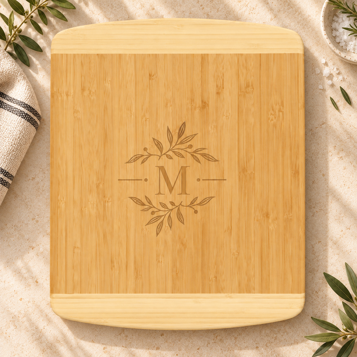 Custom Logo Bamboo 2-Tone Cutting Board – Laser Engraved Large Personalized Board in 2 Sizes