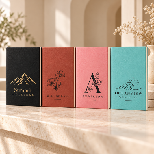 Custom Logo Engraved leatherette journals with lined notepad, 5.25 x 8.25 in, personalized notebook in 18 colors