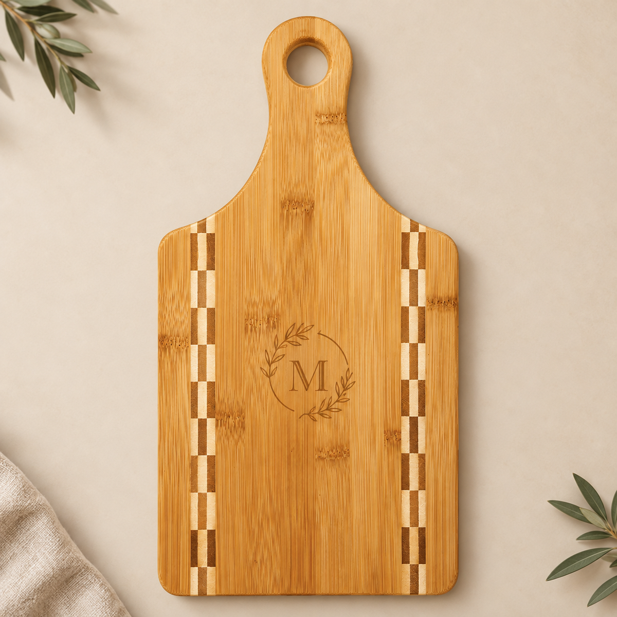 Laser engraved custom logo bamboo paddle cutting board with butcher block inlay, 13.5 x 7 inch corporate gift