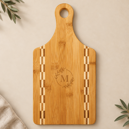 Laser engraved custom logo bamboo paddle cutting board with butcher block inlay, 13.5 x 7 inch corporate gift