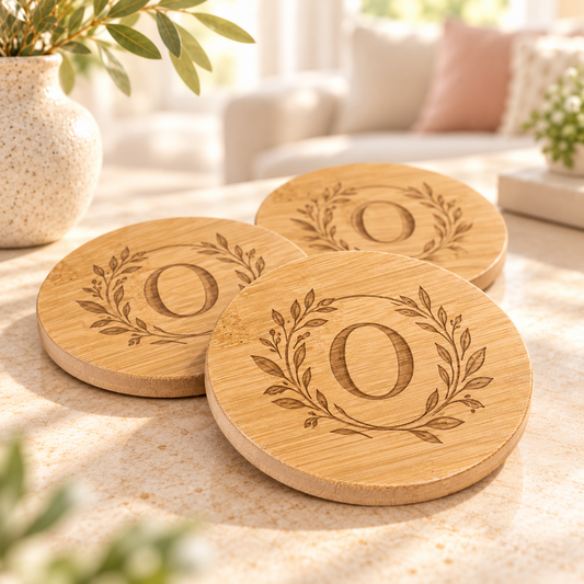 Three round bamboo coasters engraved with O monograms inside leafy wreaths, arranged on a light table.