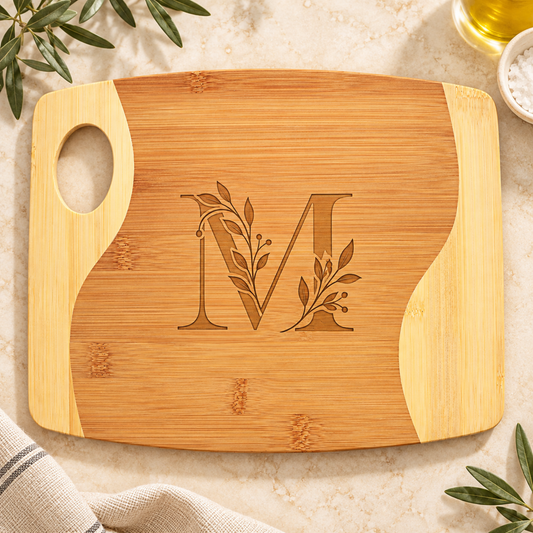 11" x 9" laser engraved custom logo two-tone bamboo cutting board with handle