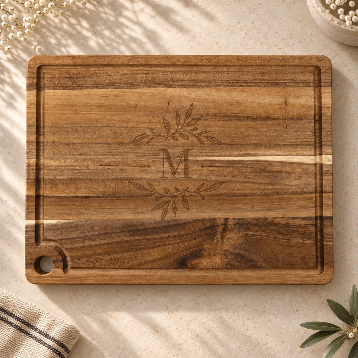 Custom Logo Acacia Cutting Board with Drip Ring & Corner Hole – Laser Engraved Personalized Board in 2 Sizes