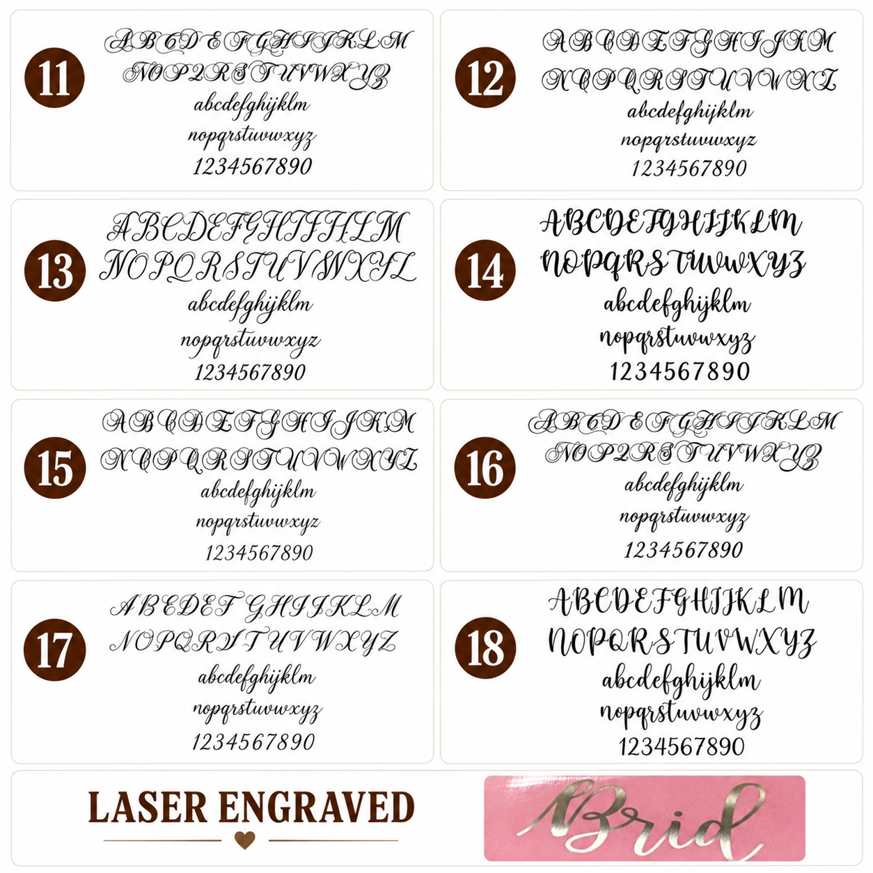 Font chart, fonts 11 to 18