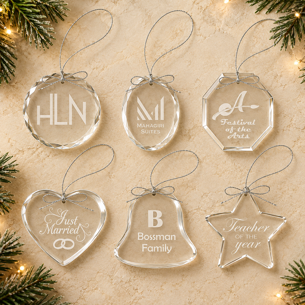 Engraved Glass Christmas Ornament — Personalized Clear Ornament with Name or Logo