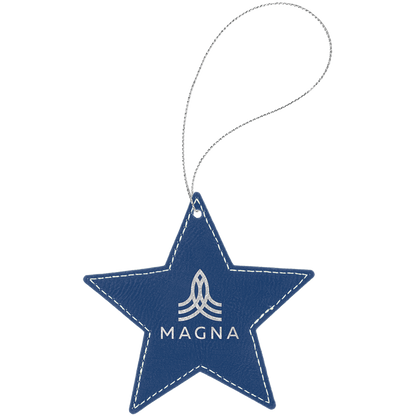 Blue/Silver engraved leatherette star Christmas ornament