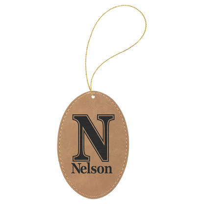 Light Brown engraved leatherette oval Christmas ornament