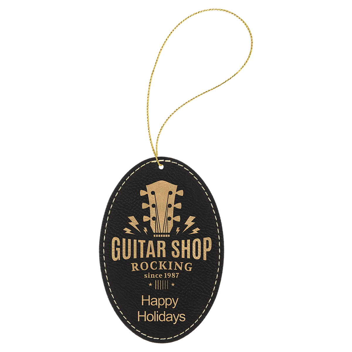 Black/Gold engraved leatherette oval Christmas ornament