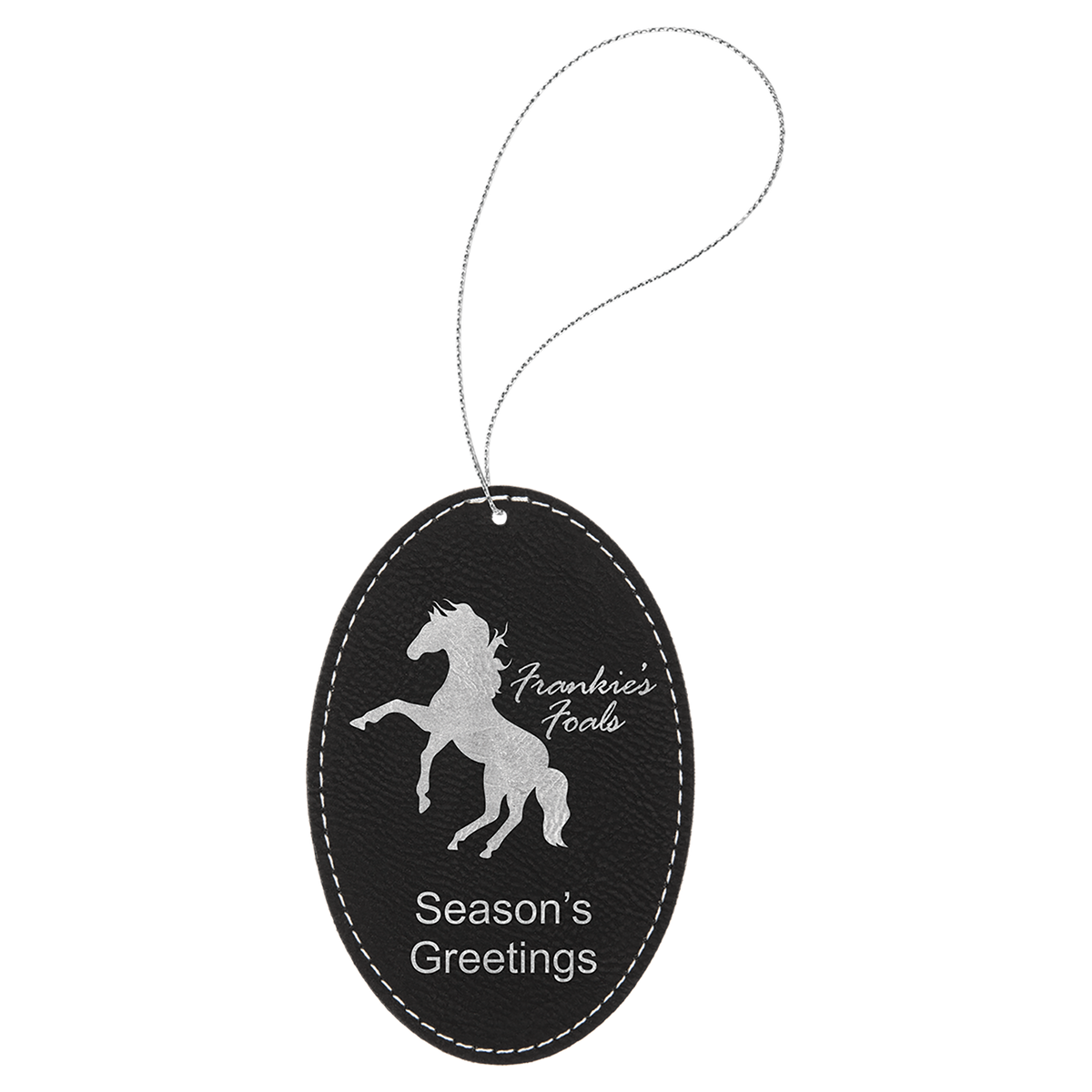Black/Silver engraved leatherette oval Christmas ornament
