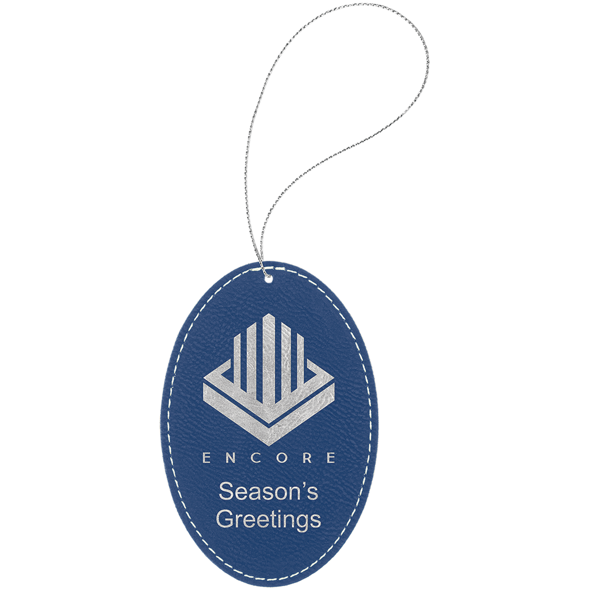 Blue/Silver engraved leatherette oval Christmas ornament
