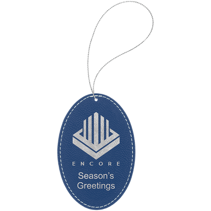 Blue/Silver engraved leatherette oval Christmas ornament