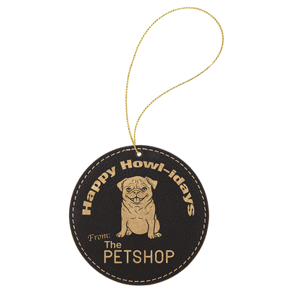 Black/Gold engraved leatherette round Christmas ornament