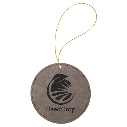 Gray engraved leatherette round Christmas ornament