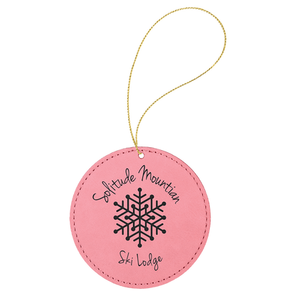 Pink engraved leatherette round Christmas ornament