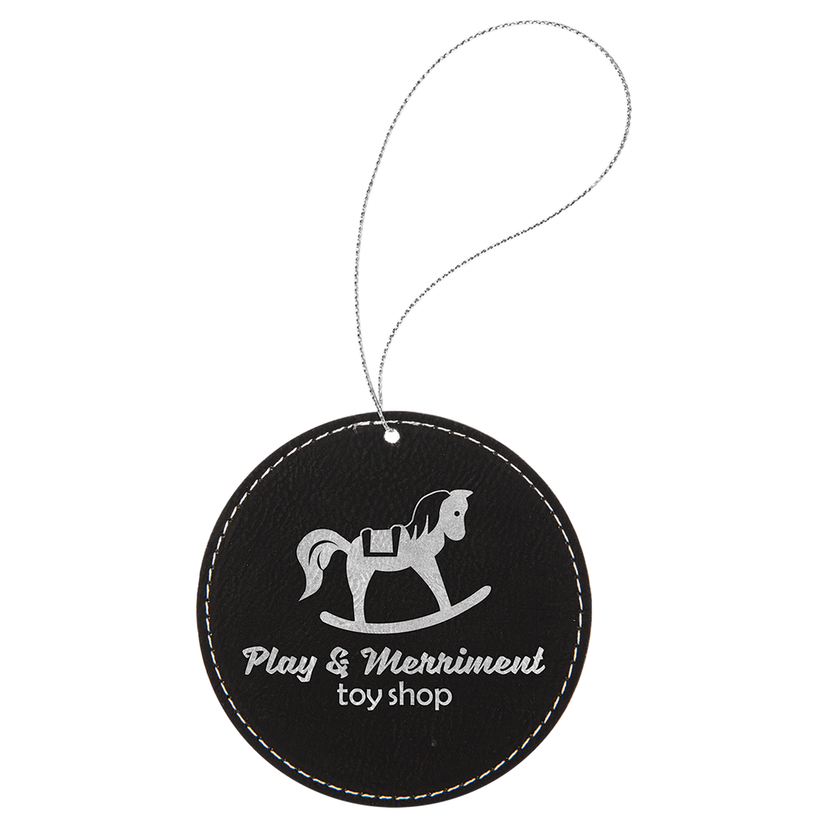 Black/Silver engraved leatherette round Christmas ornament