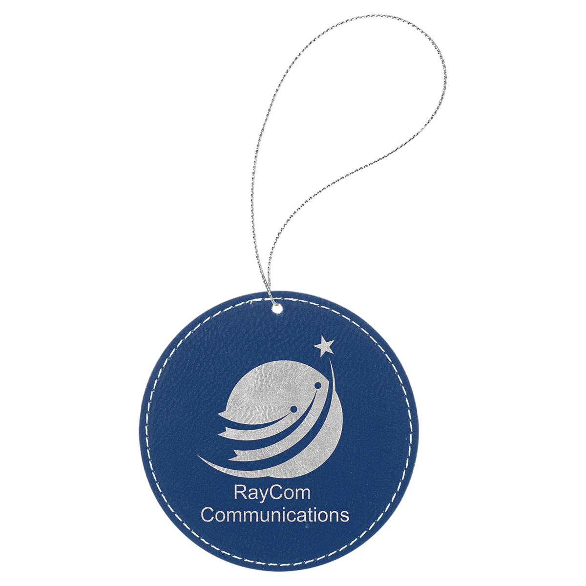 Blue/Silver engraved leatherette round Christmas ornament