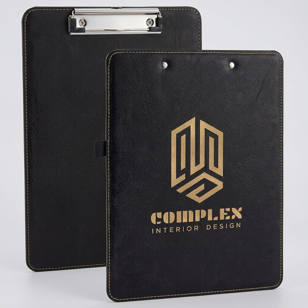 Black and gold personalized clipboard with gold engraved company logo, custom logo corporate gift