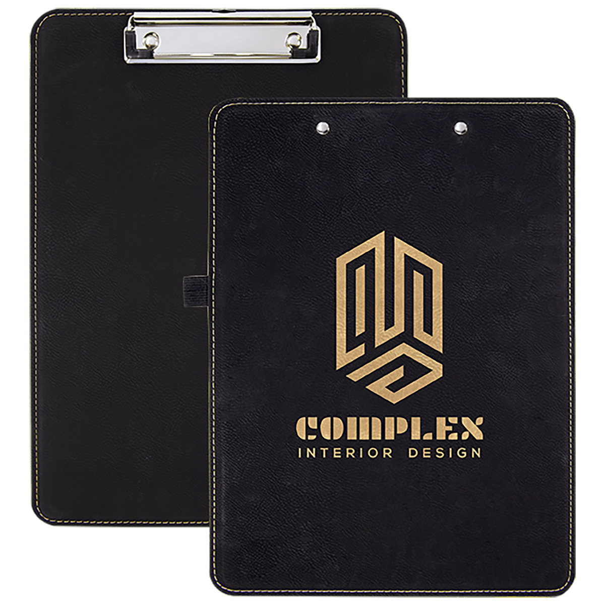Black and gold engraved letter-size clipboard with gold logo, personalized office and corporate gift