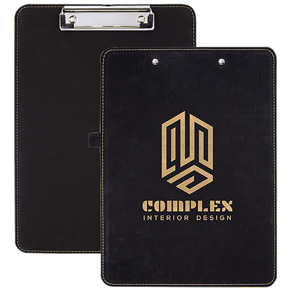Black and gold engraved letter-size clipboard with gold logo, personalized office and corporate gift