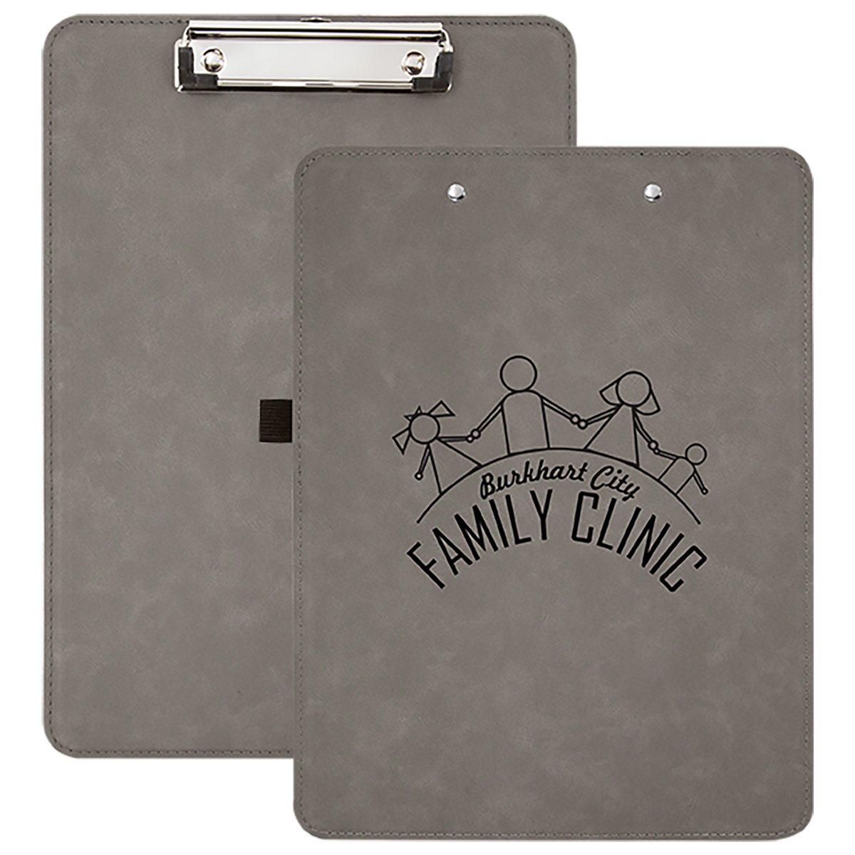 Gray engraved clipboard with family clinic logo, personalized gift for nurses and medical office staff