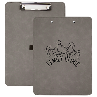 Gray engraved clipboard with family clinic logo, personalized gift for nurses and medical office staff