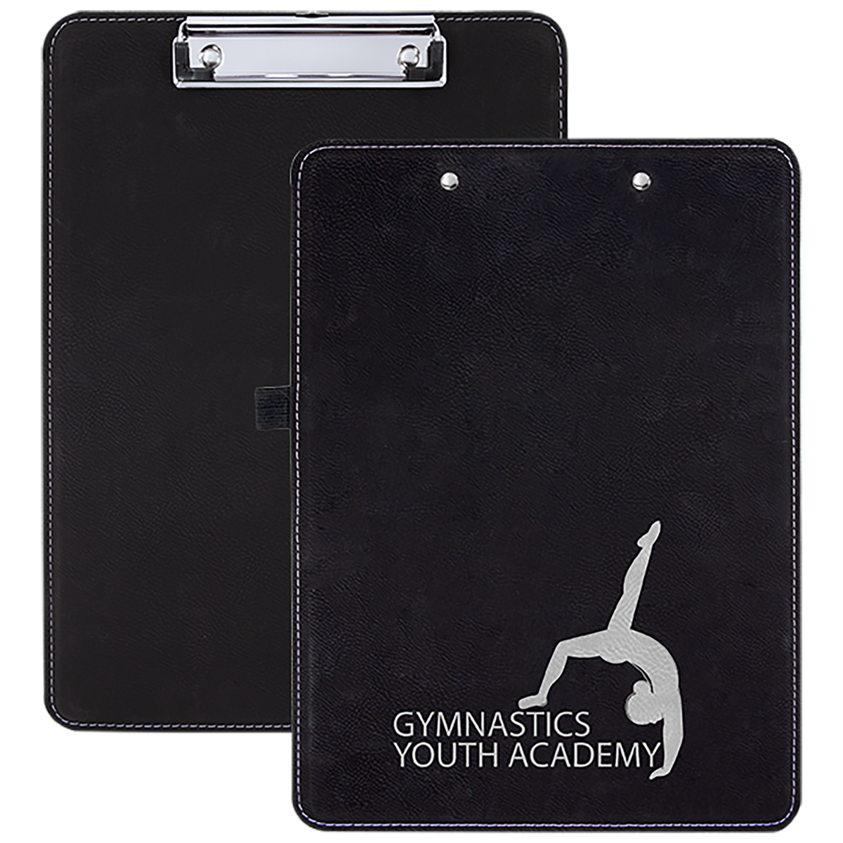 Black and silver engraved clipboard with gymnastics academy logo in silver, personalized coach gift