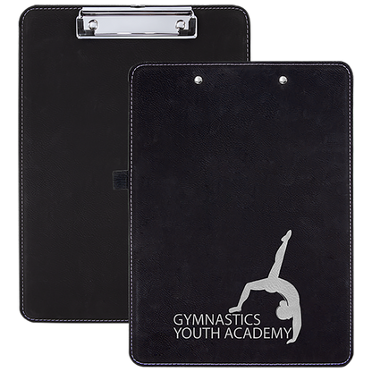 Black and silver engraved clipboard with gymnastics academy logo in silver, personalized coach gift