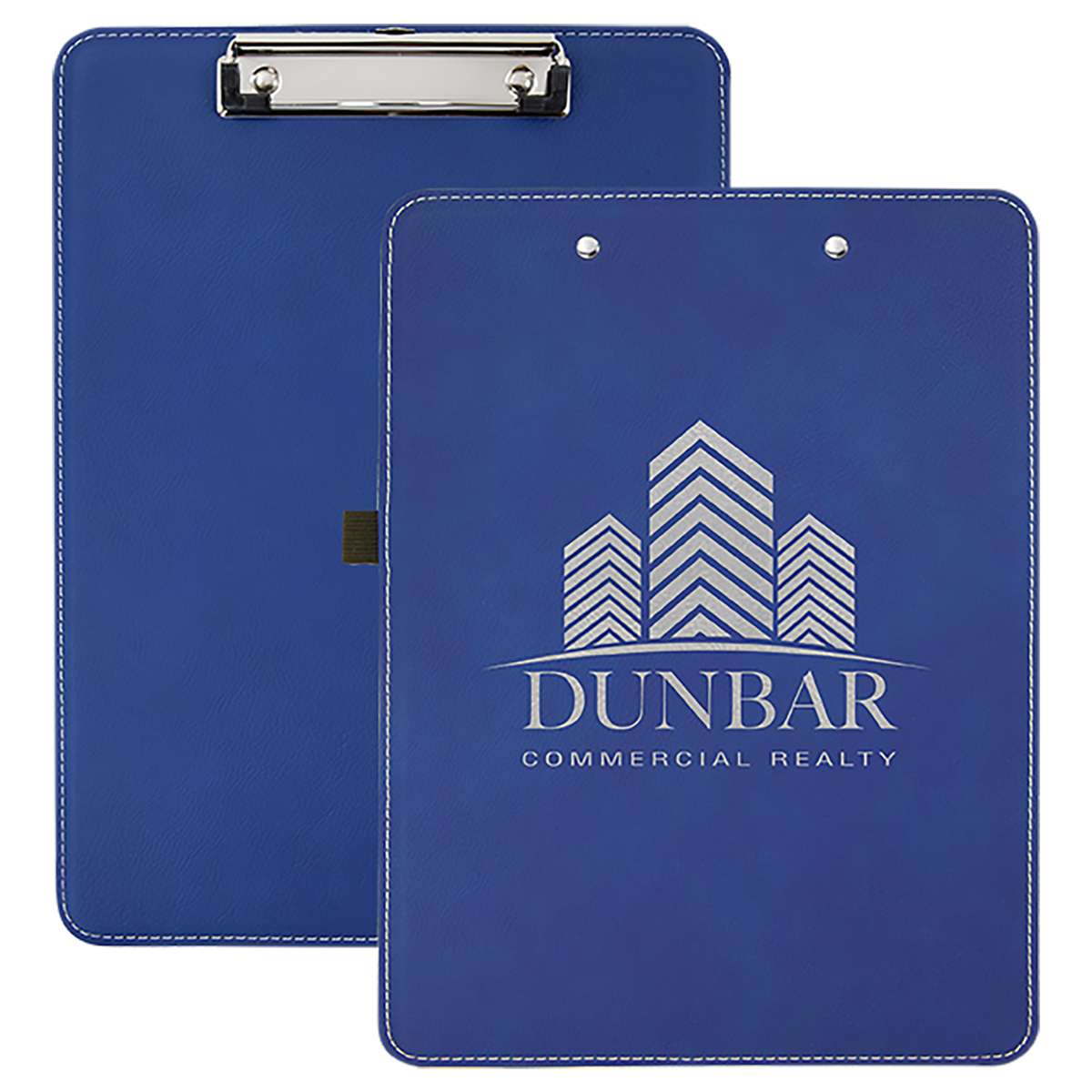 Blue and silver engraved clipboard with building logo in silver, personalized gift for real estate agents
