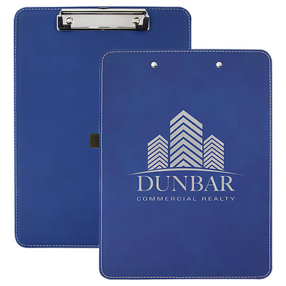 Blue and silver engraved clipboard with building logo in silver, personalized gift for real estate agents