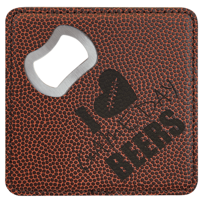 Football Square Bottle Opener Coaster laser engraved custom logo sports leatherette coaster