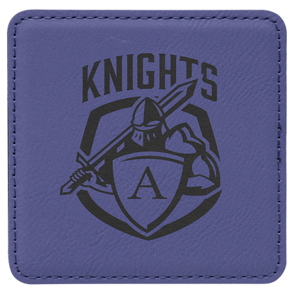 Square 4" x 4" Purple laser engraved custom logo leatherette coaster