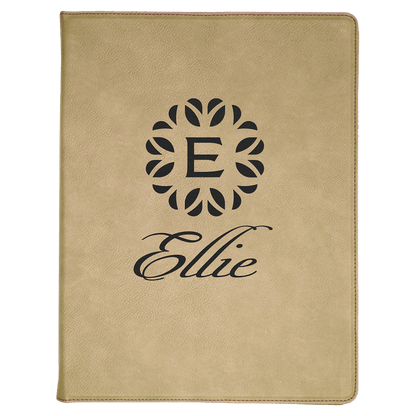9.5" x 12" Light Brown laser engraved leatherette portfolio with notepad, custom logo padfolio