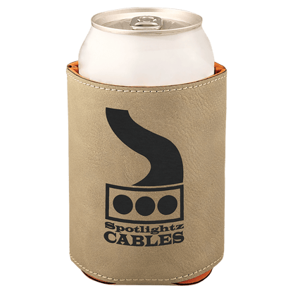 Light Brown laser engraved custom logo 3 3/4" leatherette can holder