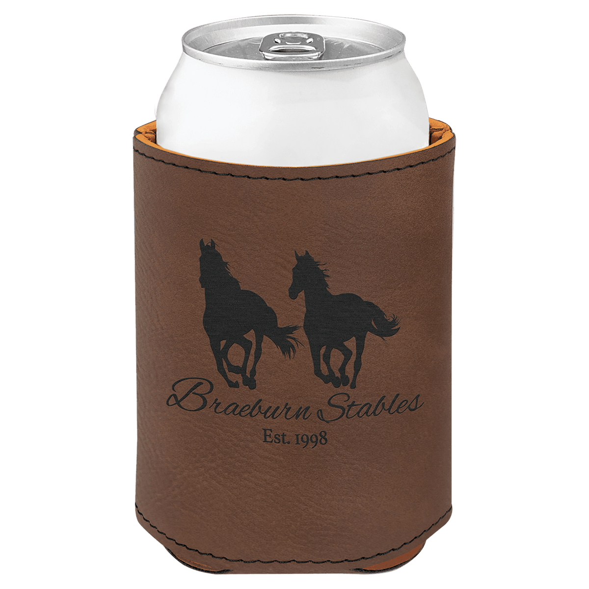 Dark Brown laser engraved custom logo 3 3/4" leatherette can holder