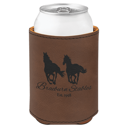 Dark Brown laser engraved custom logo 3 3/4" leatherette can holder