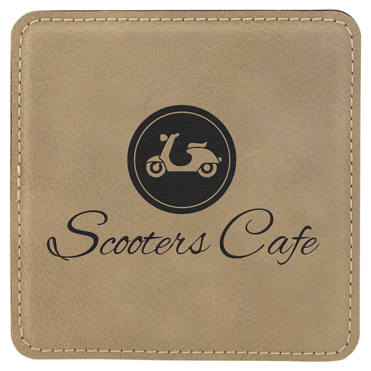 Square 4" x 4" Light Brown laser engraved custom logo leatherette coaster