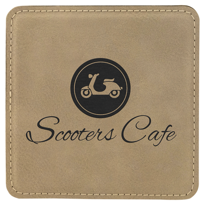 Square 4" x 4" Light Brown laser engraved custom logo leatherette coaster