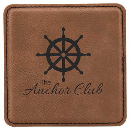 Square 4" x 4" Dark Brown laser engraved custom logo leatherette coaster