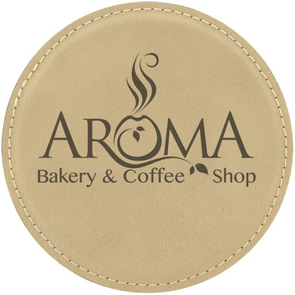 Round 4" Light Brown laser engraved custom logo leatherette coaster