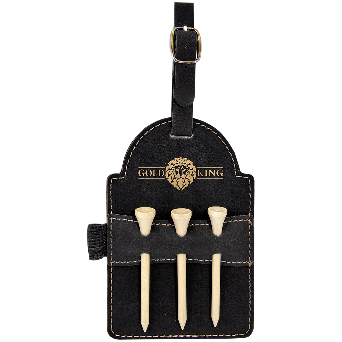 Black and gold personalized golf bag tag with 3 tees, gold engraved name, golf gift for men