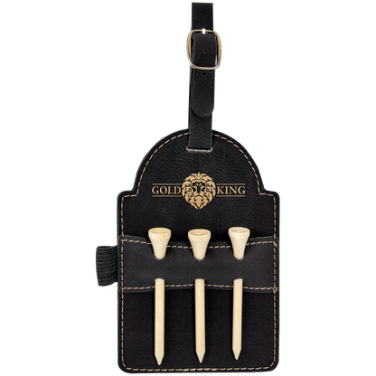 Black and gold personalized golf bag tag with 3 tees, gold engraved name, golf gift for men