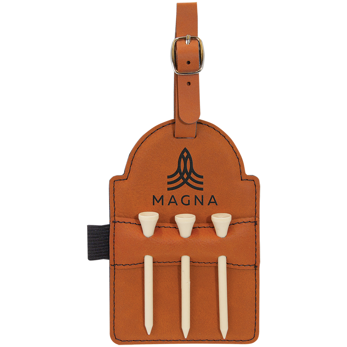 Rawhide brown engraved golf bag tag with tees, rustic personalized golf gift for dad